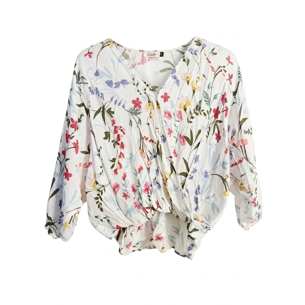 Cielo Floral Surplice Blouse Women Medium White‎ Wrap Dolman Sleeve Top